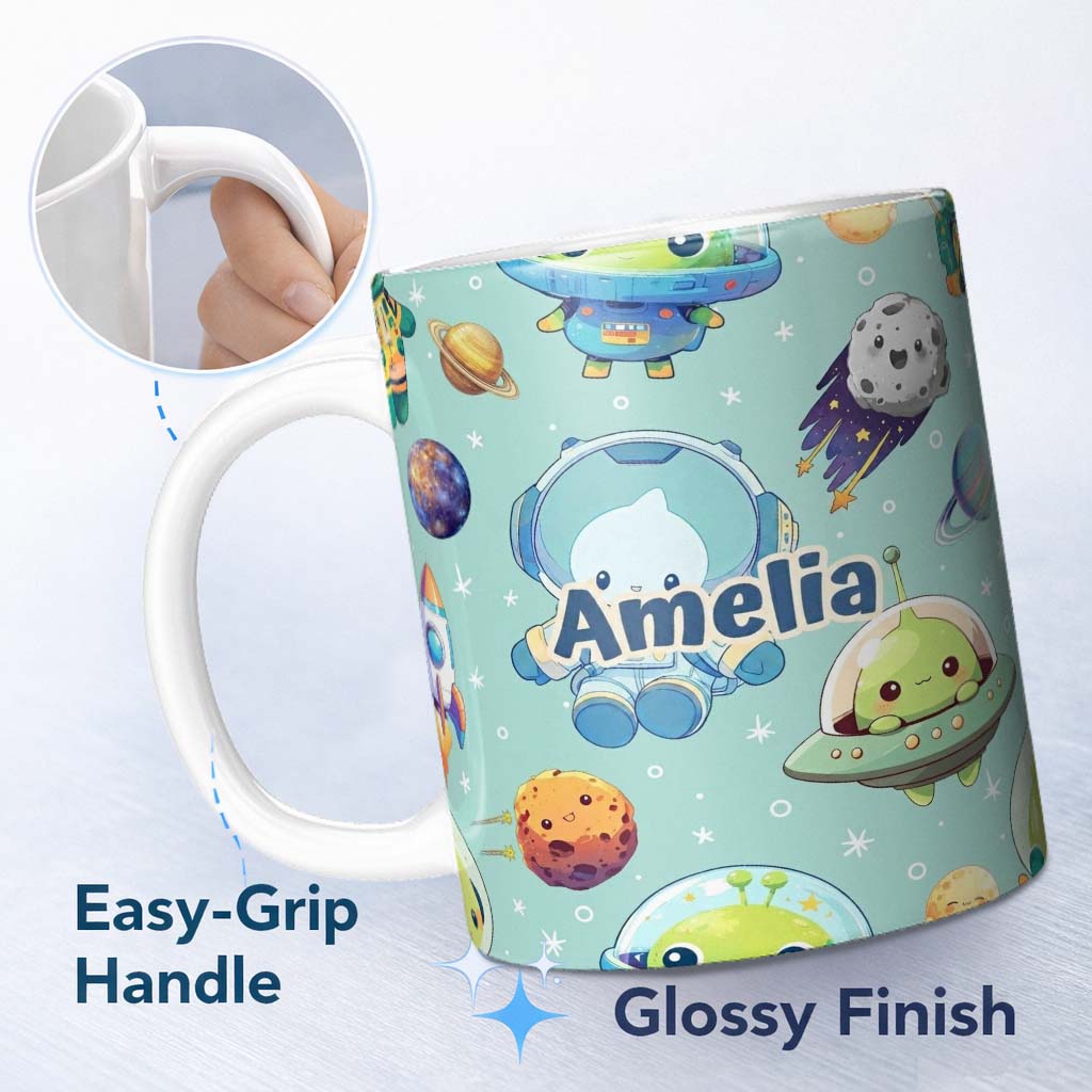 Personalized Custom Name Space Astronaut Alien UFO Seamless Mint Green Background Fun Kids 11oz Ceramic Coffee Tea Mug White Large Handle