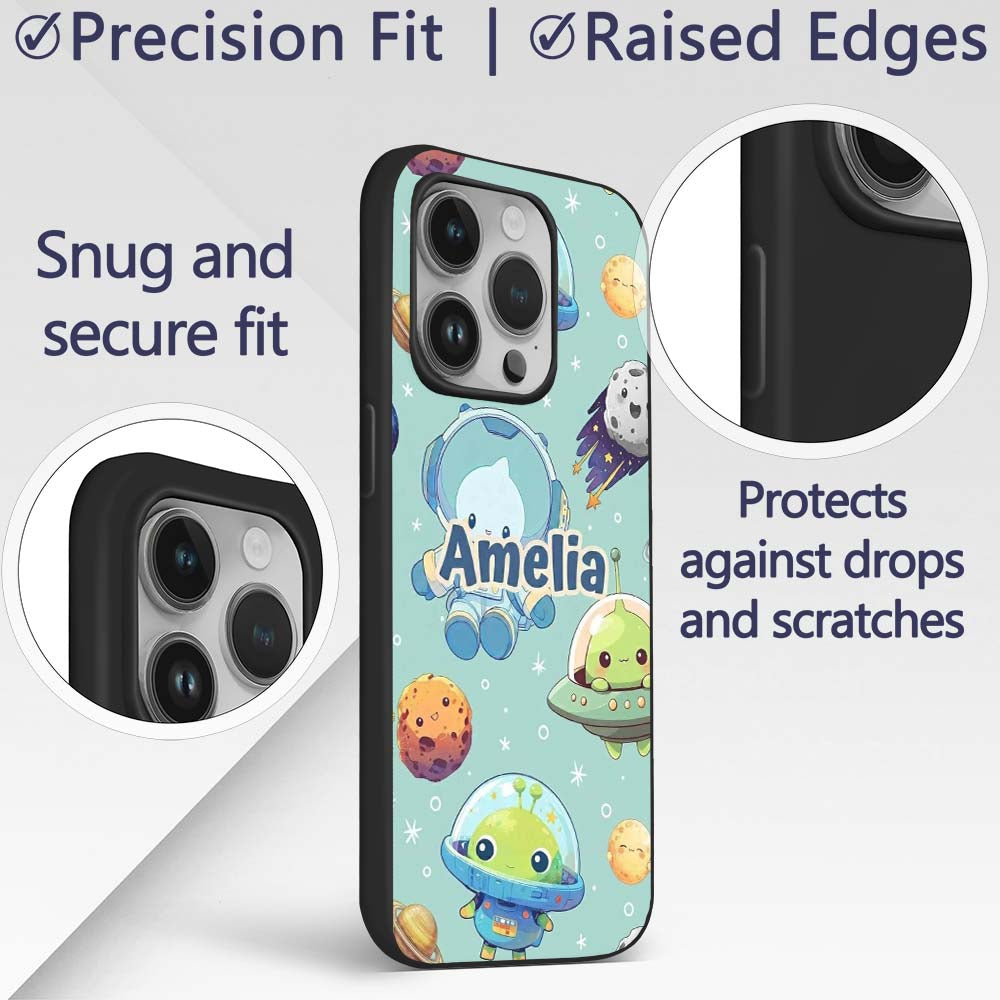 Space Astronaut Alien UFO Seamless Mint Green Custom Name Protective Phone Case Mobile Cover Durable Everyday Smartphone Shock Resistant