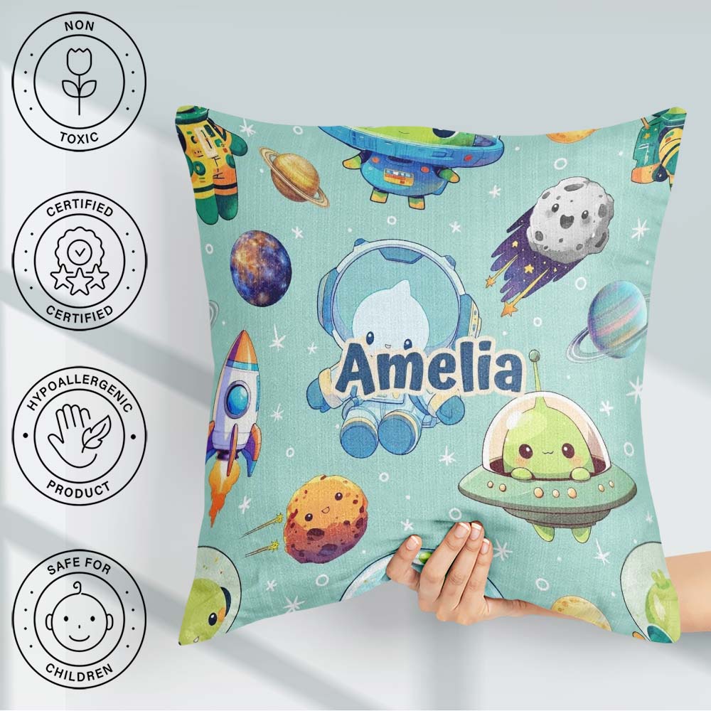 Custom Name Space Astronaut Alien UFO Mint Green Background Kids Square Filled Cushion Throw Pillow Sofa Bed Home Decor Zip Washable UK Made