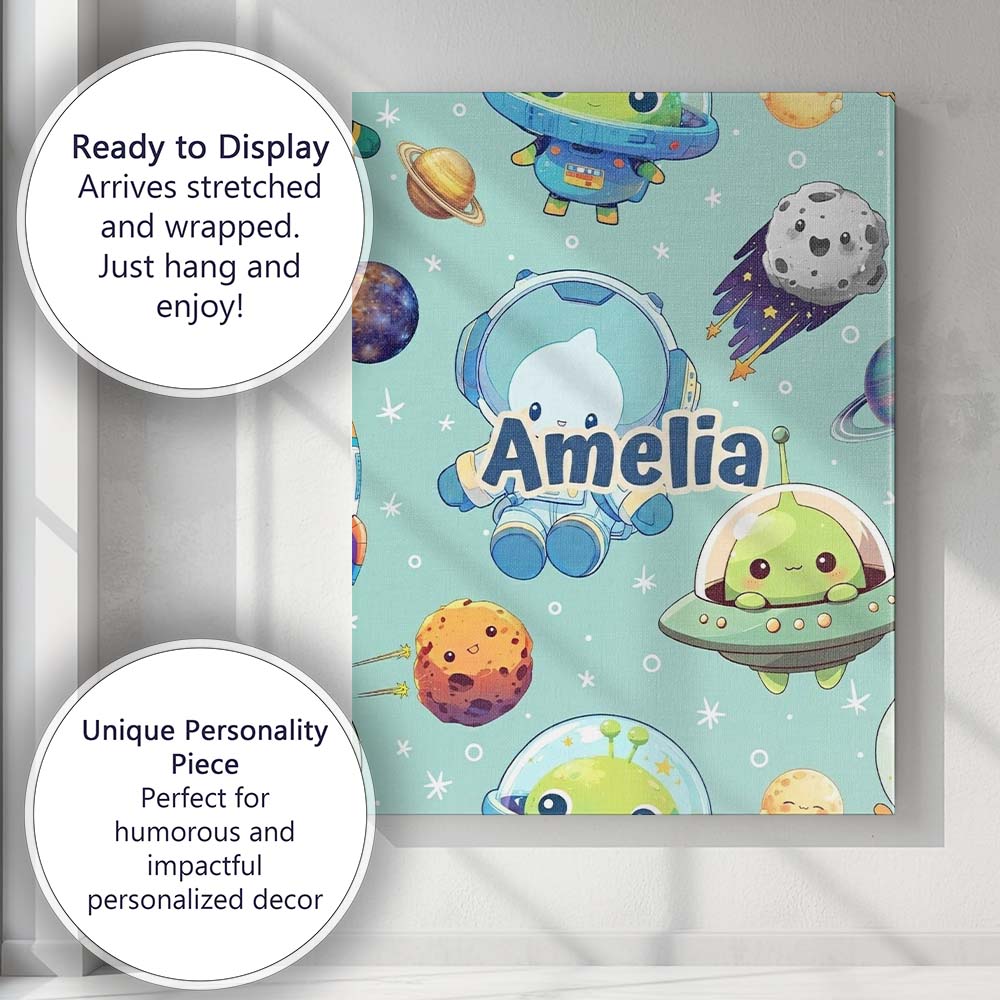 Personalised Name Space Astronaut Alien UFO Custom Bespoke Interior Contemporary Canvas Wall Art Print Decor Picture Ready to Hang