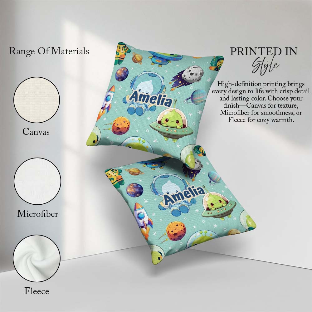 Custom Name Space Astronaut Alien UFO Mint Green Background Kids Square Filled Cushion Throw Pillow Sofa Bed Home Decor Zip Washable UK Made