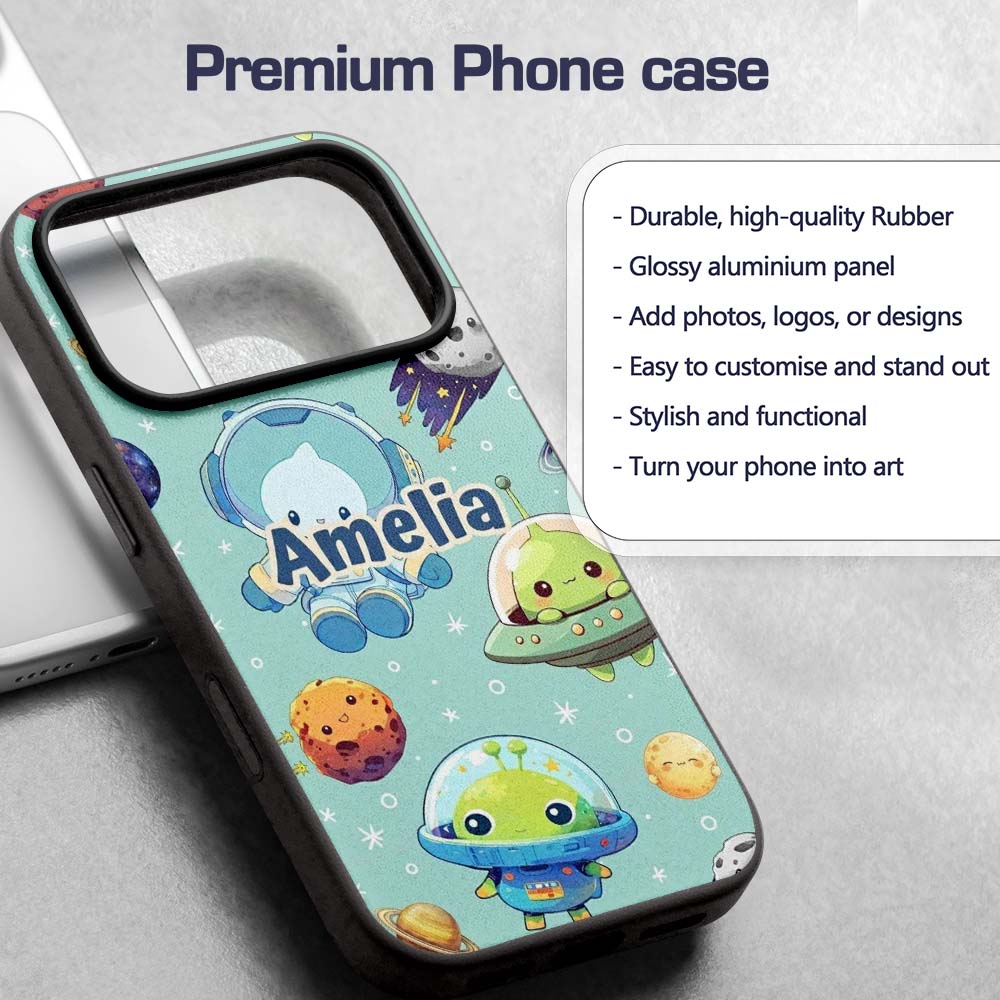 Space Astronaut Alien UFO Seamless Mint Green Custom Name Protective Phone Case Mobile Cover Durable Everyday Smartphone Shock Resistant