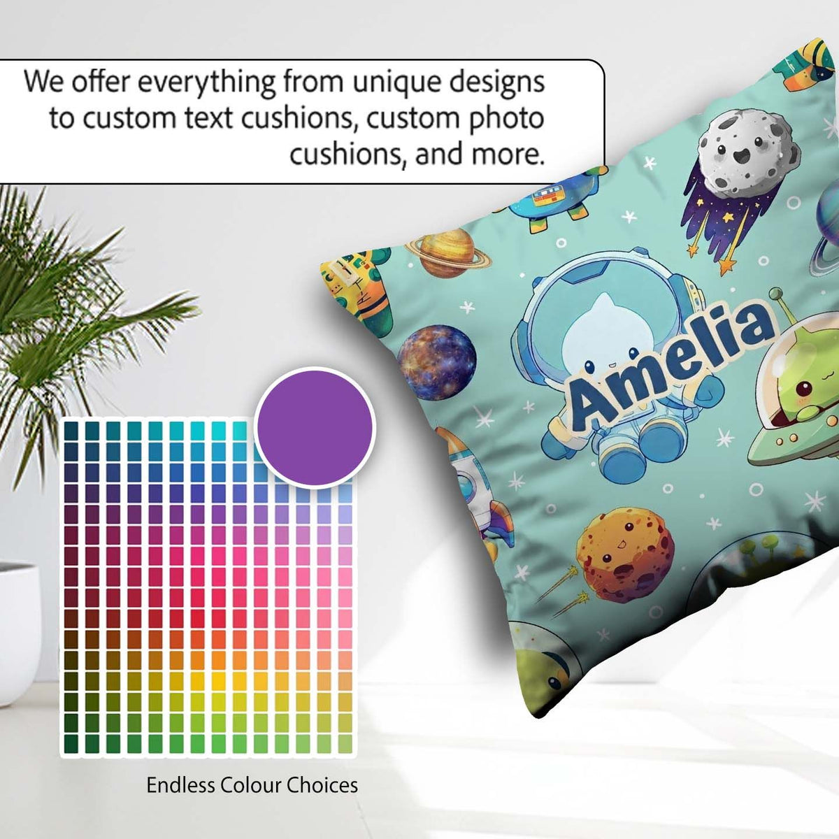 Custom Name Space Astronaut Alien UFO Mint Green Background Kids Square Filled Cushion Throw Pillow Sofa Bed Home Decor Zip Washable UK Made