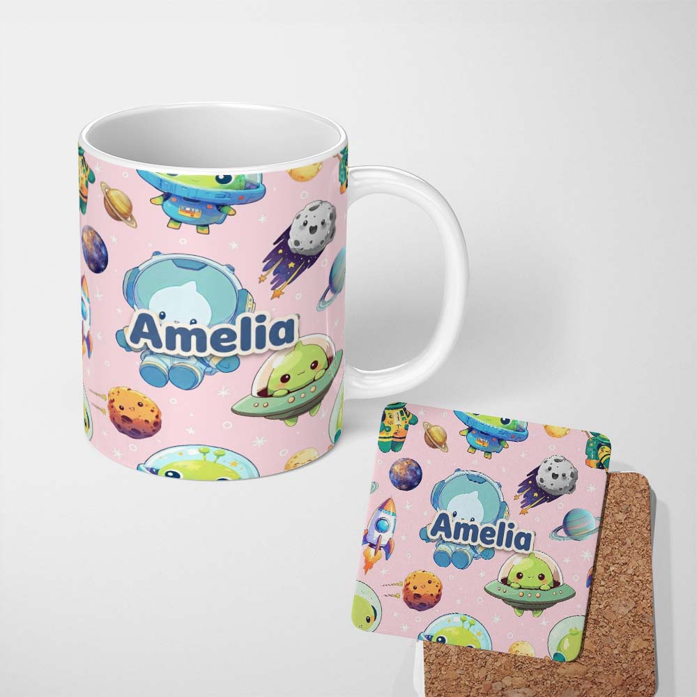 Personalized Custom Name Space Astronaut Alien UFO Seamless Soft Pink Background Fun Kids 11oz Ceramic Coffee Tea Mug White Large Handle