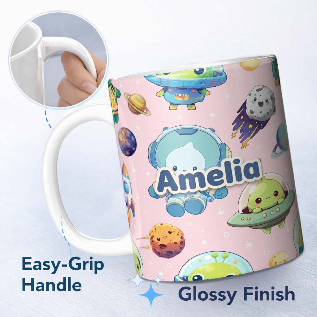Personalized Custom Name Space Astronaut Alien UFO Seamless Soft Pink Background Fun Kids 11oz Ceramic Coffee Tea Mug White Large Handle