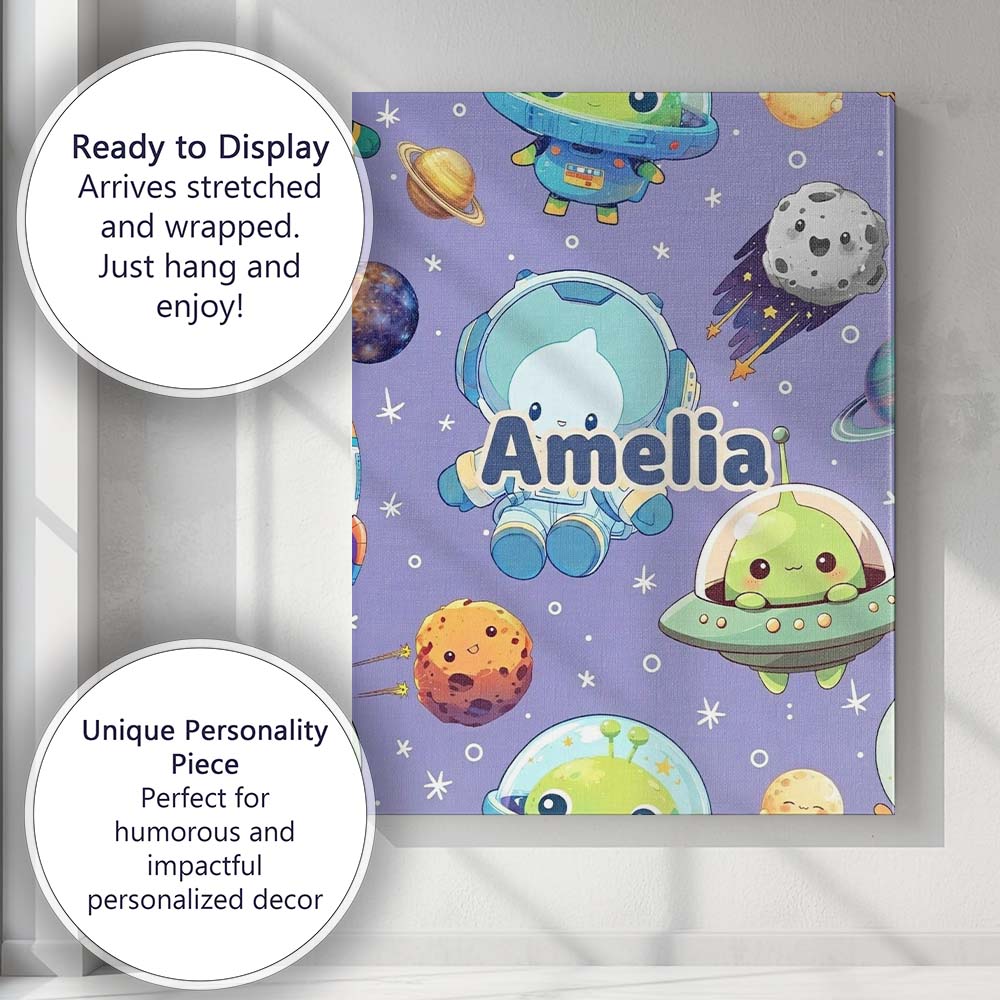Personalised Name Space Astronaut Alien UFO Custom Bespoke Interior Contemporary Canvas Wall Art Print Decor Picture Ready to Hang