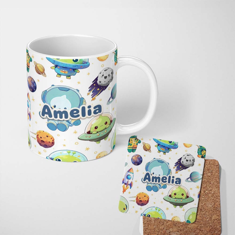 Personalized Custom Name Space Astronaut Alien UFO Seamless White Background Fun Kids Design 11oz Ceramic Coffee Tea Mug White Large Handle