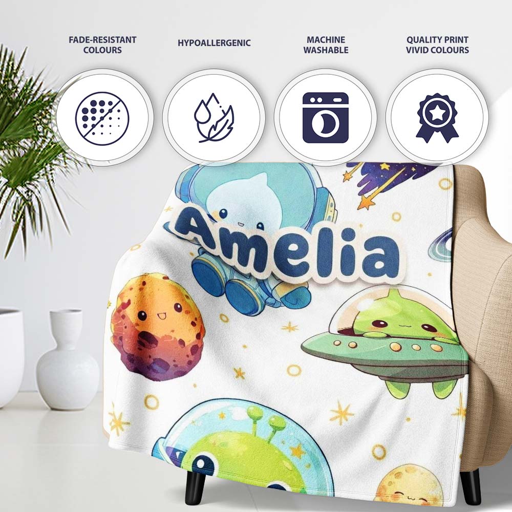 Space Astronaut Alien UFO Seamless White Background Fun Kids Design Personalised Custom Name Super Soft Fleece Blanket Bed Sofa Throw