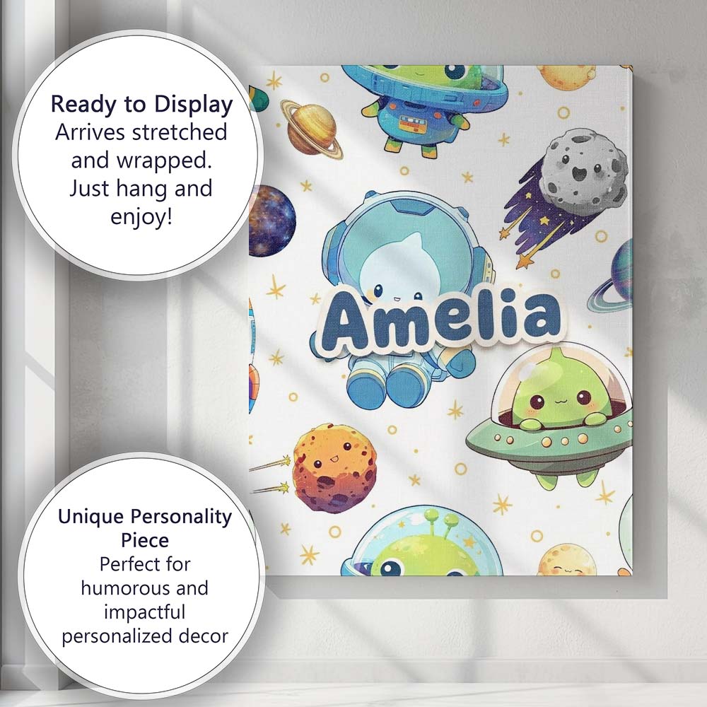 Personalised Name Space Astronaut Alien UFO Custom Bespoke Interior Contemporary Canvas Wall Art Print Decor Picture Ready to Hang