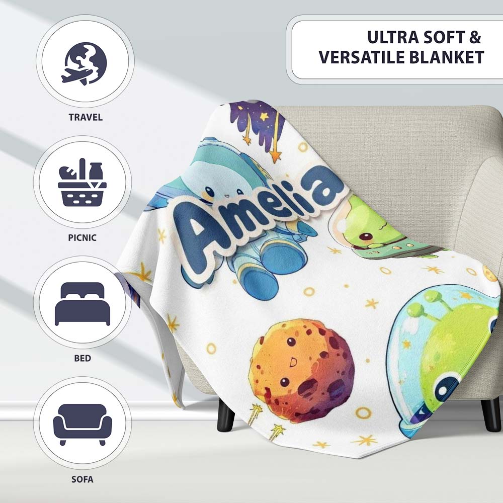 Space Astronaut Alien UFO Seamless White Background Fun Kids Design Personalised Custom Name Super Soft Fleece Blanket Bed Sofa Throw