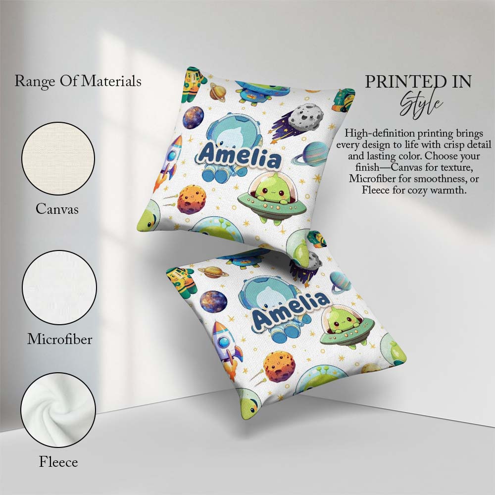 Custom Name Space Alien UFO Seamless White Background Fun Design Square Filled Cushion Throw Pillow Sofa Bed Home Decor Zip Washable UK Made