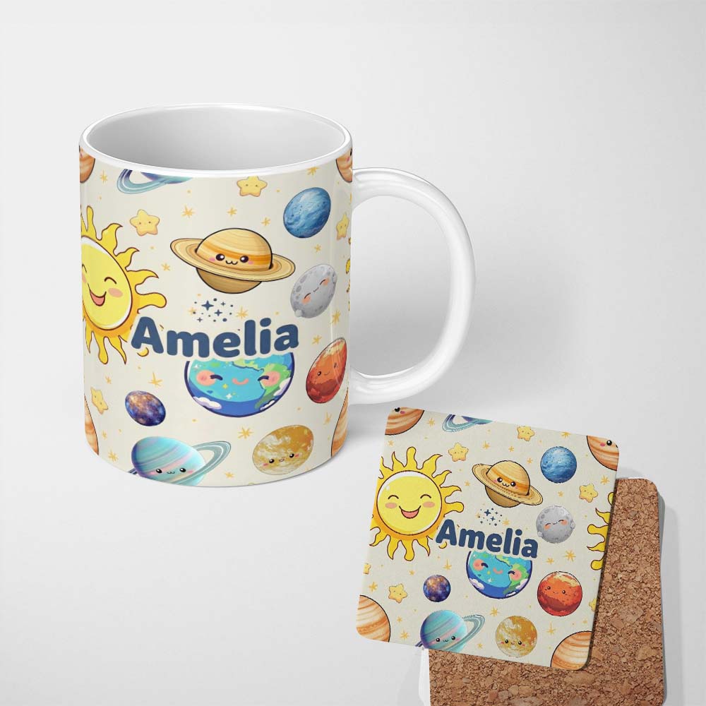 Personalized Custom Name Solar System Sun Earth Planets Seamless Beige Background Cute Kids 11oz Ceramic Coffee Tea Mug White Large Handle