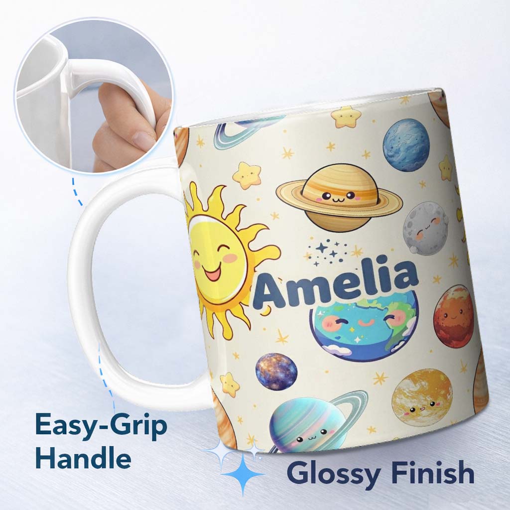 Personalized Custom Name Solar System Sun Earth Planets Seamless Beige Background Cute Kids 11oz Ceramic Coffee Tea Mug White Large Handle