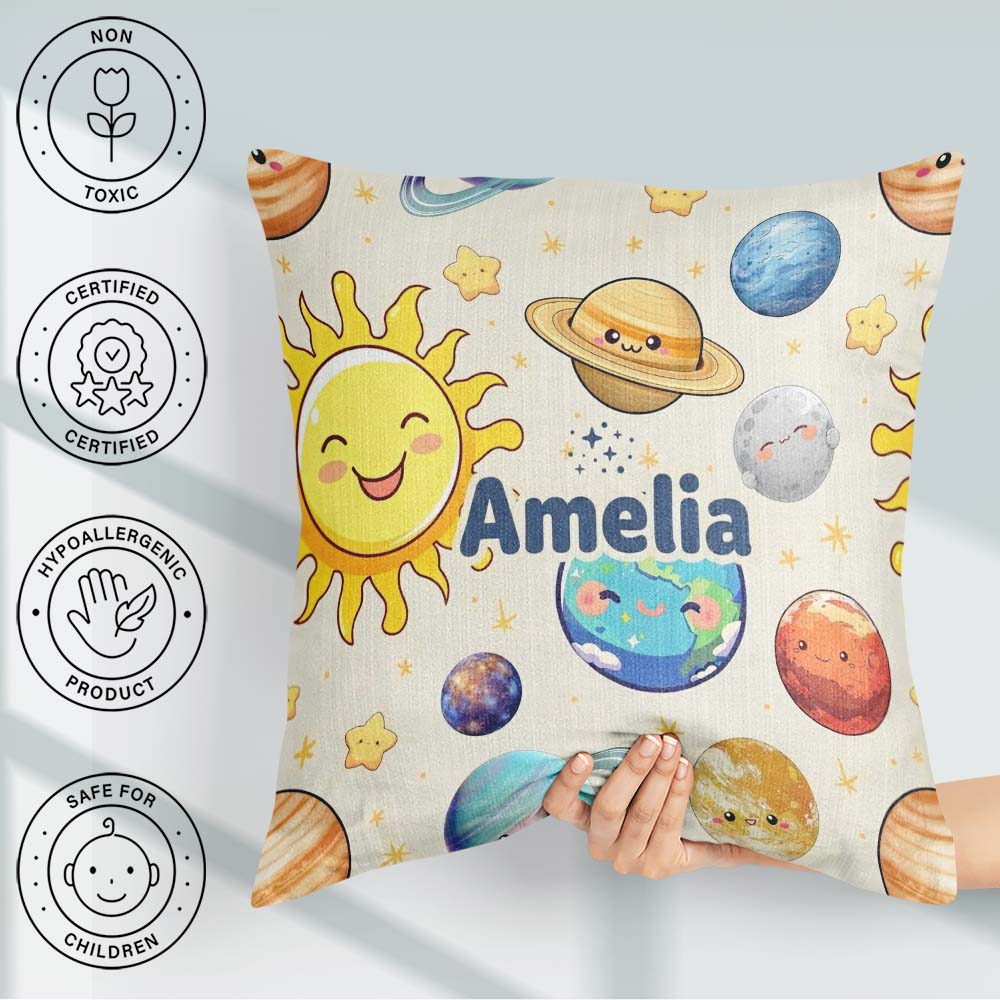 Custom Name Solar System Sun Earth Planets Beige Background Kids Square Filled Cushion Throw Pillow Sofa Bed Home Decor Zip Washable UK Made