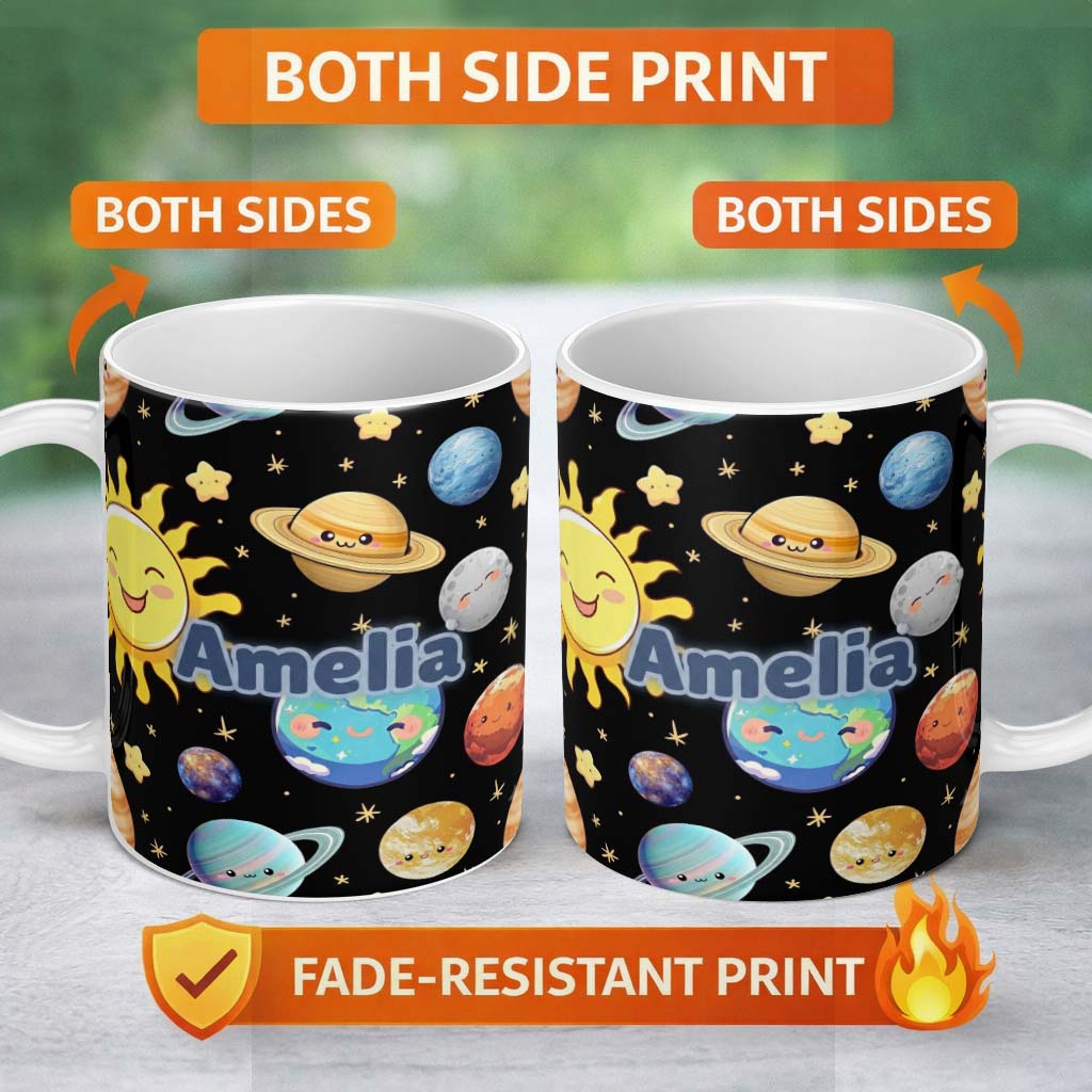 Personalized Custom Name Solar System Sun Earth Planets Seamless Black Background Cute Kids 11oz Ceramic Coffee Tea Mug White Large Handle
