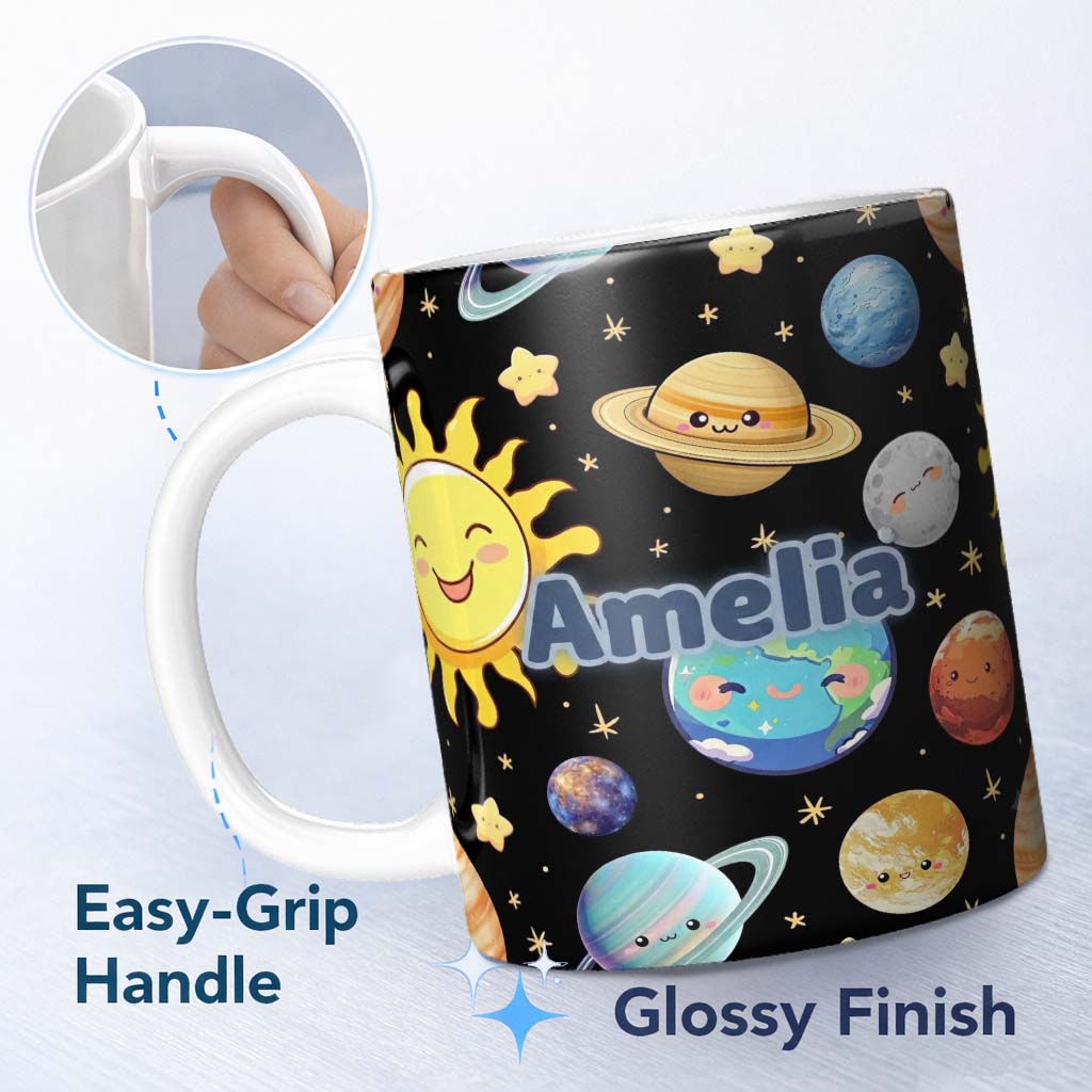 Personalized Custom Name Solar System Sun Earth Planets Seamless Black Background Cute Kids 11oz Ceramic Coffee Tea Mug White Large Handle