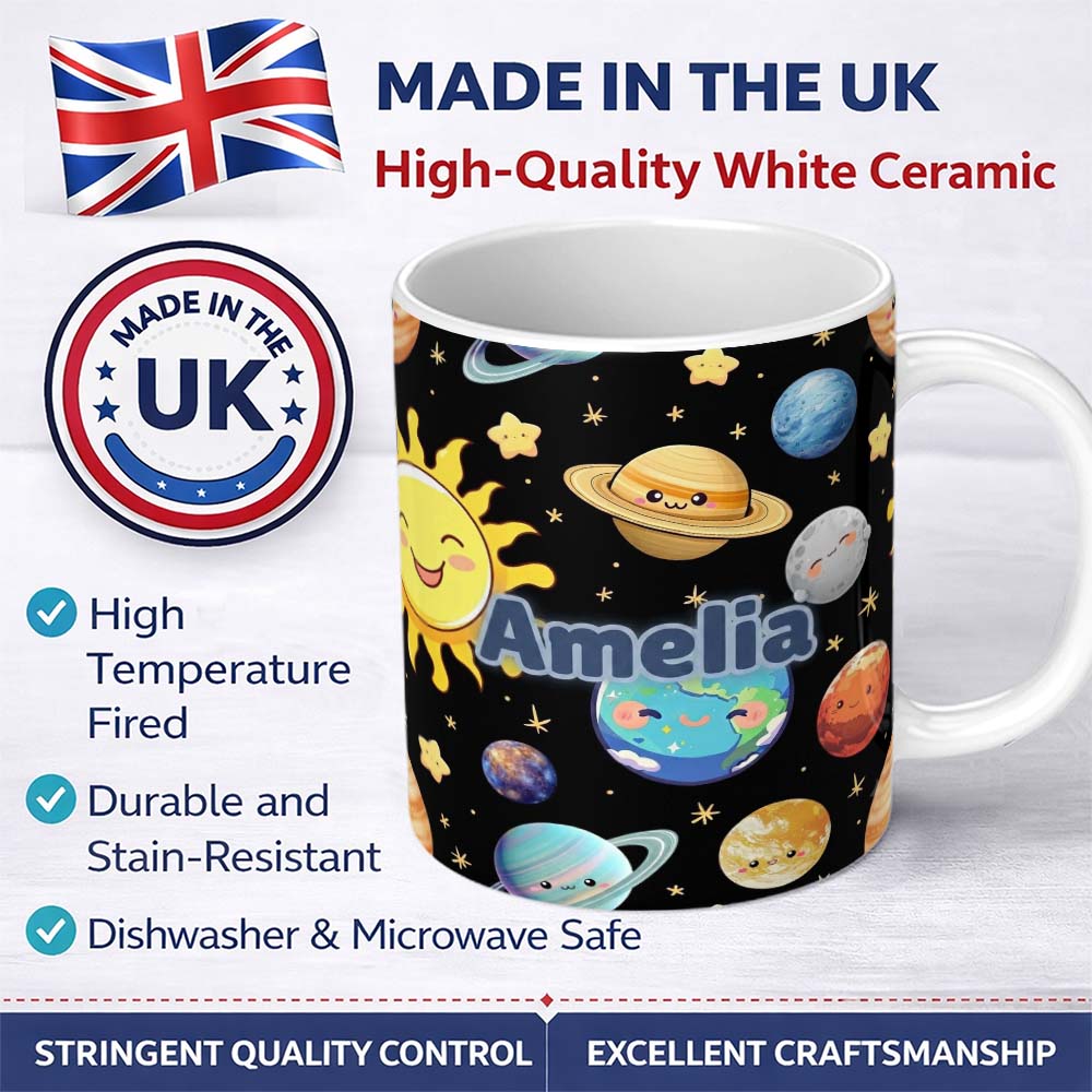 Personalized Custom Name Solar System Sun Earth Planets Seamless Black Background Cute Kids 11oz Ceramic Coffee Tea Mug White Large Handle