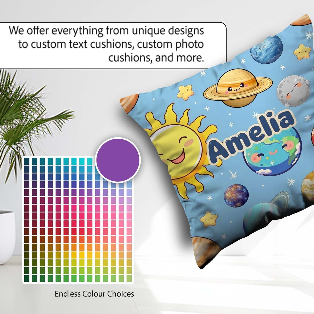 Custom Name Solar System Sun Earth Seamless Blue Background Kids Square Filled Cushion Throw Pillow Sofa Bed Home Decor Zip Washable UK Made