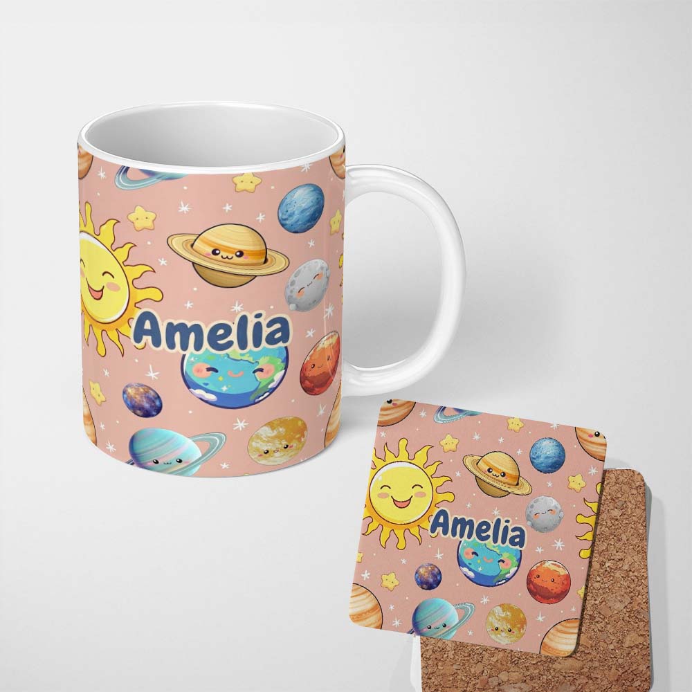 Personalized Custom Name Solar System Sun Earth Planets Seamless Peach Background Cute Kids 11oz Ceramic Coffee Tea Mug White Large Handle