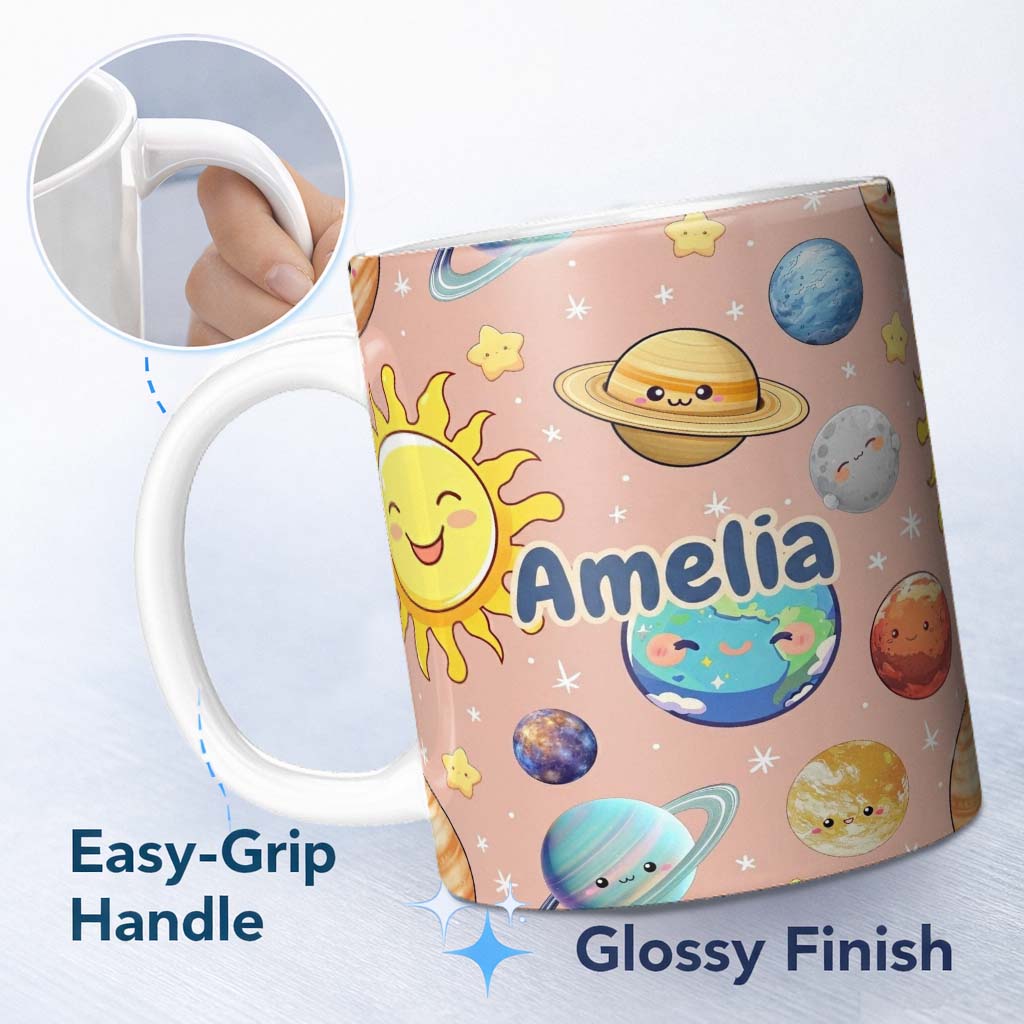 Personalized Custom Name Solar System Sun Earth Planets Seamless Peach Background Cute Kids 11oz Ceramic Coffee Tea Mug White Large Handle