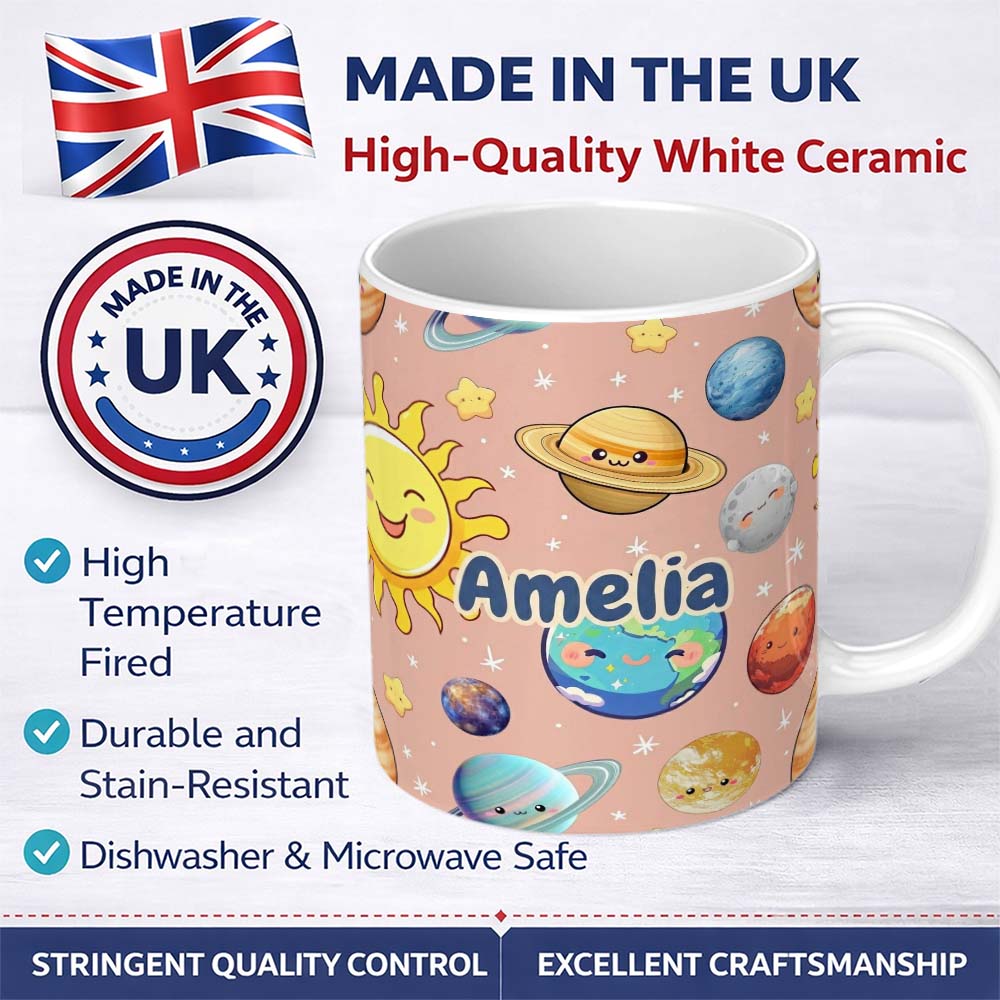 Personalized Custom Name Solar System Sun Earth Planets Seamless Peach Background Cute Kids 11oz Ceramic Coffee Tea Mug White Large Handle