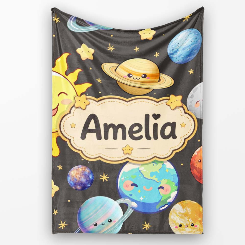 Solar System Sun Earth Planets Seamless Dark Grey Background Cute Personalised Custom Name Super Soft Fleece Blanket Bed Sofa Throw