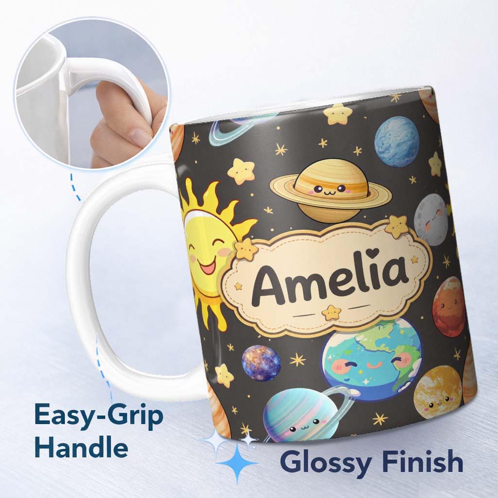 Personalized Custom Name Solar System Sun Earth Planets Seamless Dark Grey Background Cute 11oz Ceramic Coffee Tea Mug White Large Handle