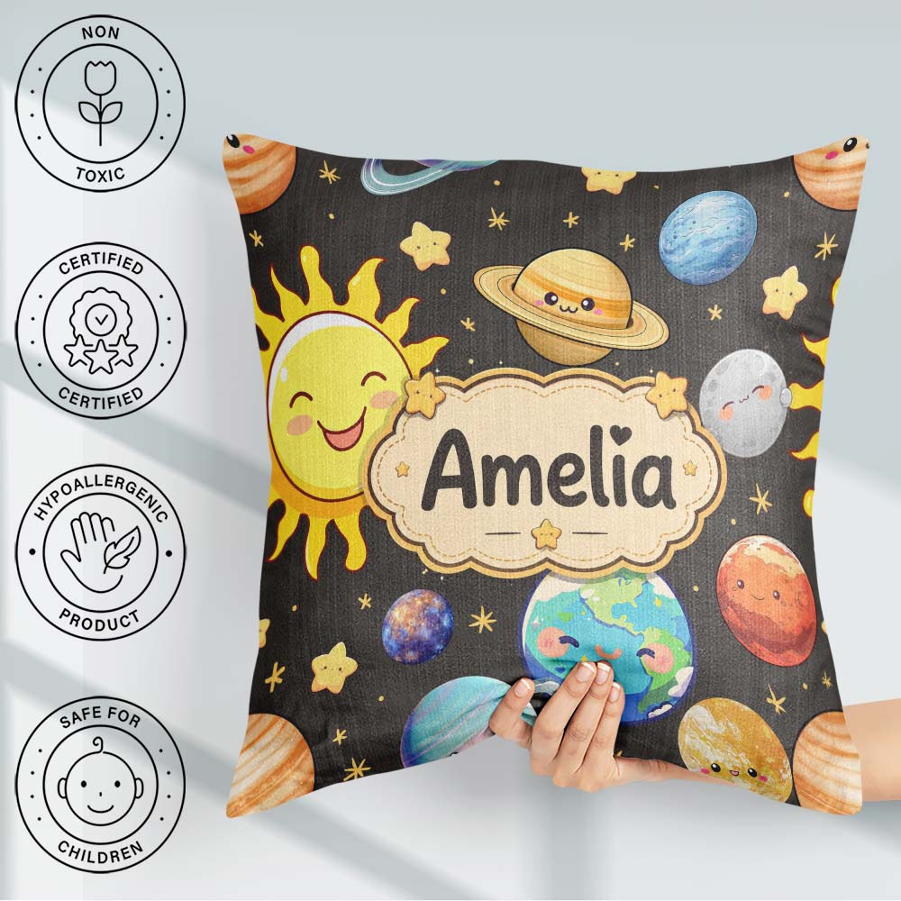 Custom Name Solar System Sun Earth Seamless Dark Grey Background Square Filled Cushion Throw Pillow Sofa Bed Home Decor Zip Washable UK Made