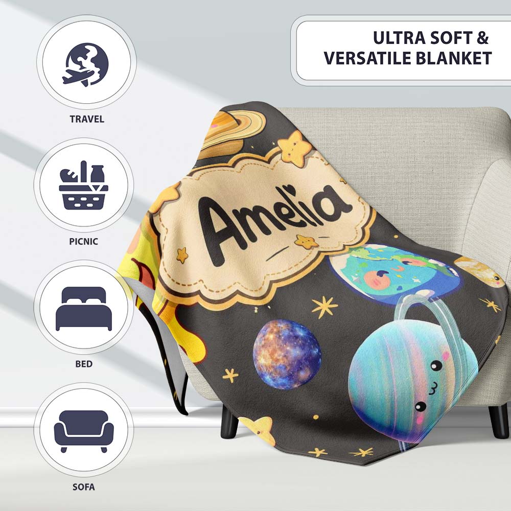 Solar System Sun Earth Planets Seamless Dark Grey Background Cute Personalised Custom Name Super Soft Fleece Blanket Bed Sofa Throw