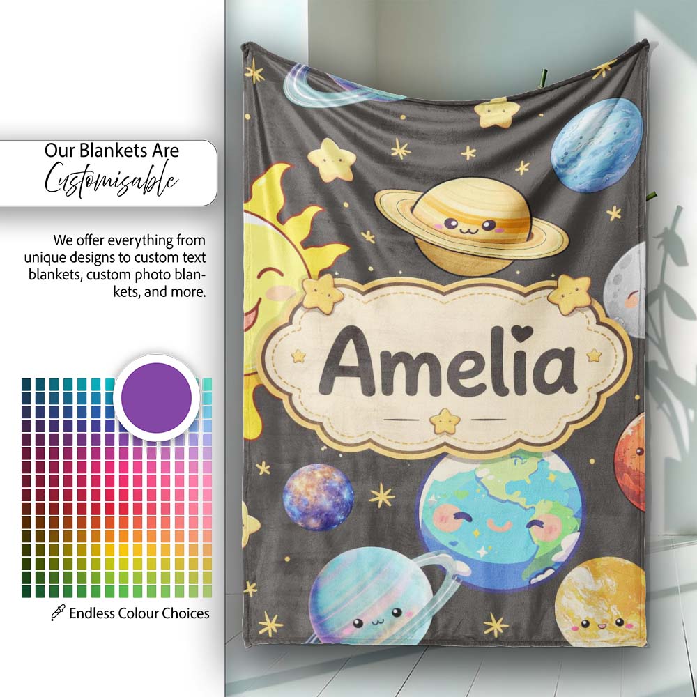 Solar System Sun Earth Planets Seamless Dark Grey Background Cute Personalised Custom Name Super Soft Fleece Blanket Bed Sofa Throw