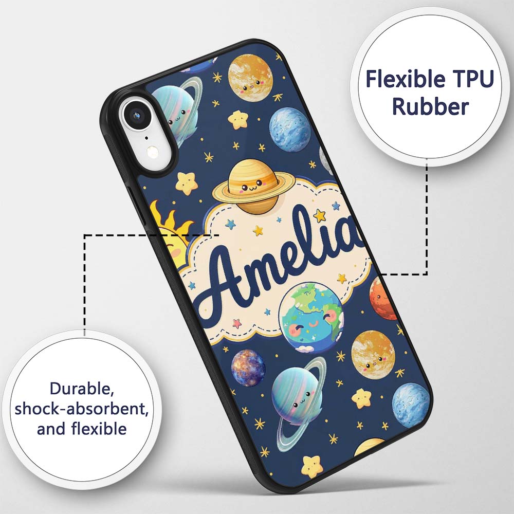 Solar System Sun Earth Planets Seamless Navy Custom Name Protective Phone Case Mobile Cover Durable Everyday Smartphone Shock Resistant