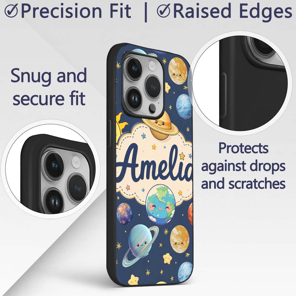 Solar System Sun Earth Planets Seamless Navy Custom Name Protective Phone Case Mobile Cover Durable Everyday Smartphone Shock Resistant