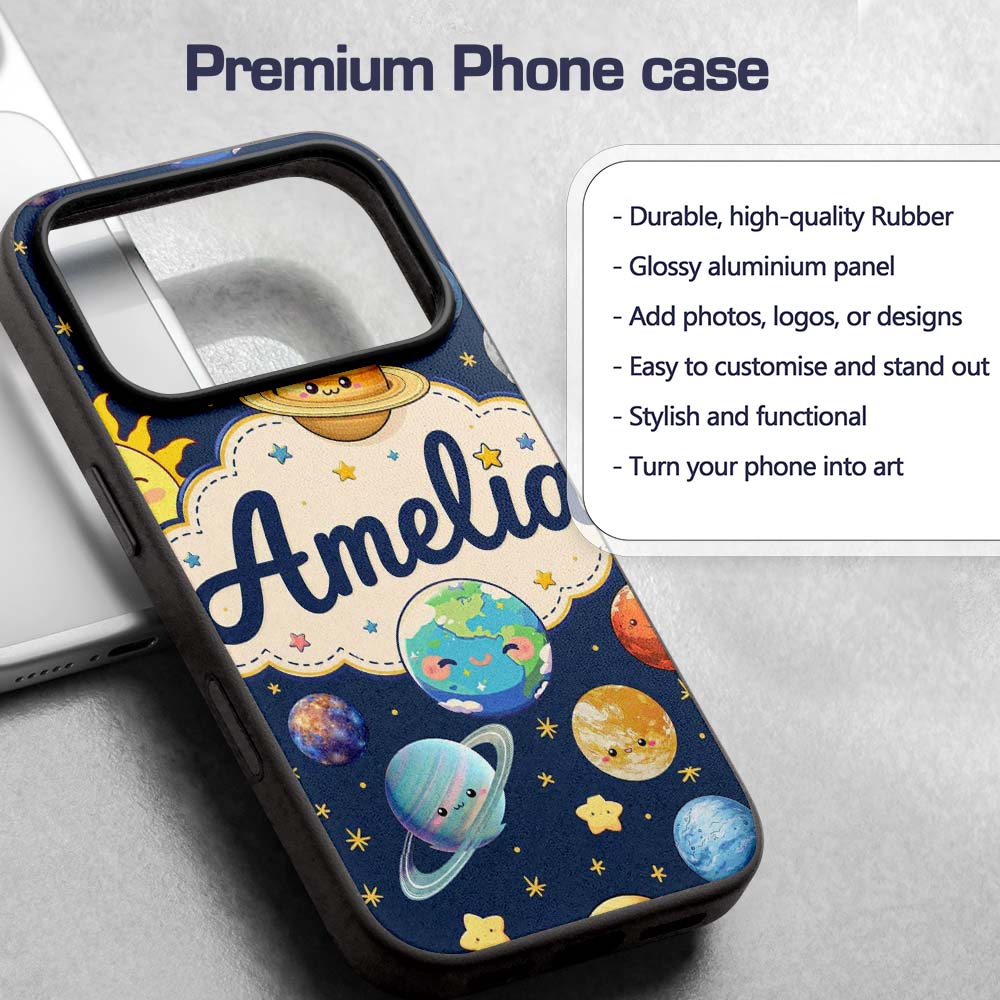 Solar System Sun Earth Planets Seamless Navy Custom Name Protective Phone Case Mobile Cover Durable Everyday Smartphone Shock Resistant