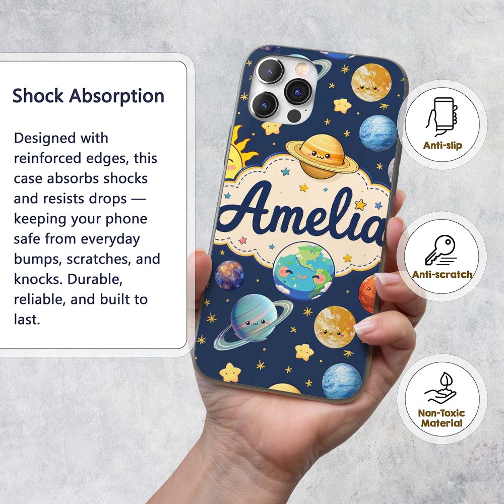 Solar System Sun Earth Planets Seamless Navy Custom Name Protective Phone Case Mobile Cover Durable Everyday Smartphone Shock Resistant