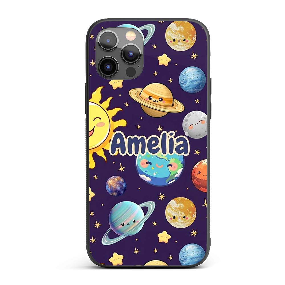 Solar System Planets Smiling Sun Earth Saturn Custom Name Protective Phone Case Mobile Cover Durable Everyday Smartphone Shock Resistant