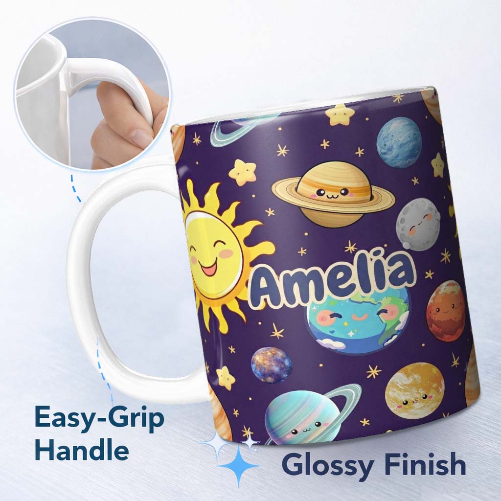 Personalized Custom Name Solar System Planets Smiling Sun Earth Saturn Seamless Purple 11oz Ceramic Coffee Tea Mug White Large Handle