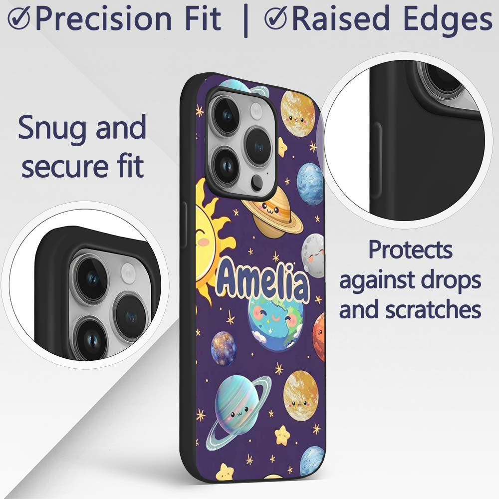 Solar System Planets Smiling Sun Earth Saturn Custom Name Protective Phone Case Mobile Cover Durable Everyday Smartphone Shock Resistant