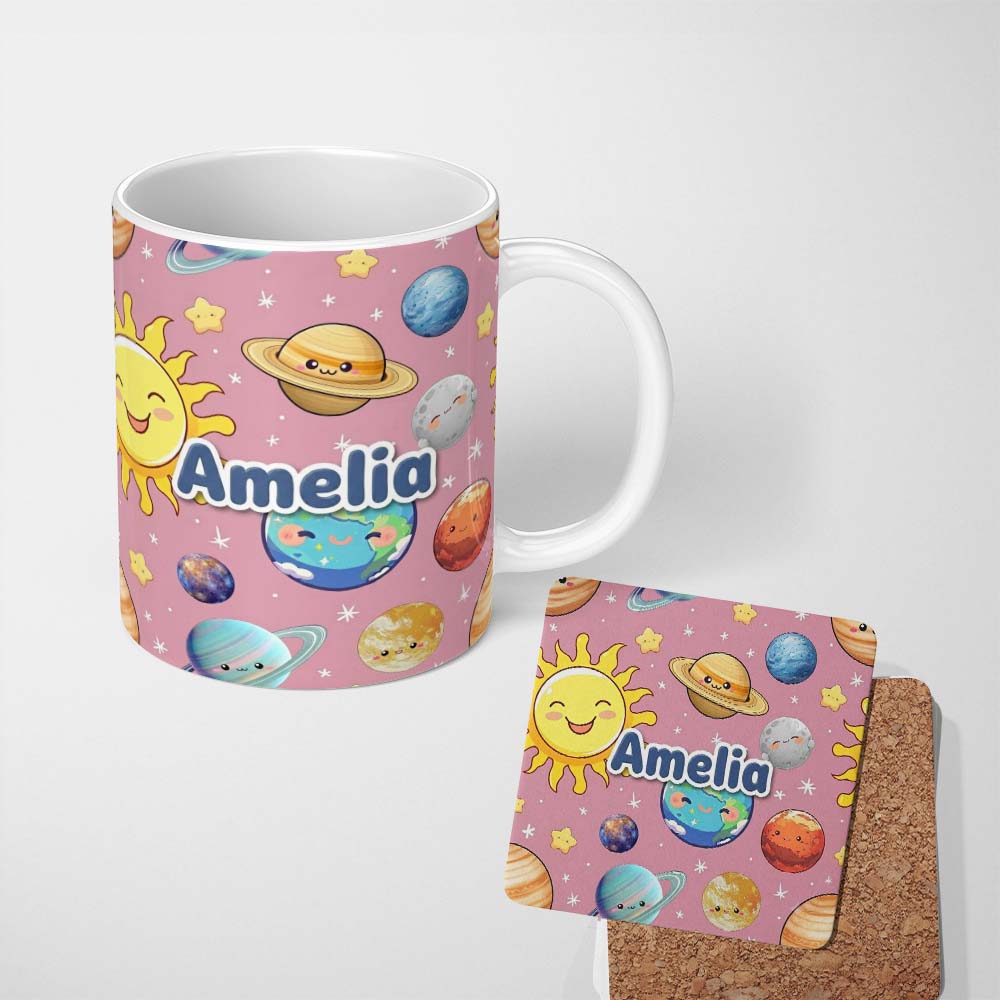 Personalized Custom Name Solar System Planets Smiling Sun Earth Saturn Seamless Pink 11oz Ceramic Coffee Tea Mug White Large Handle