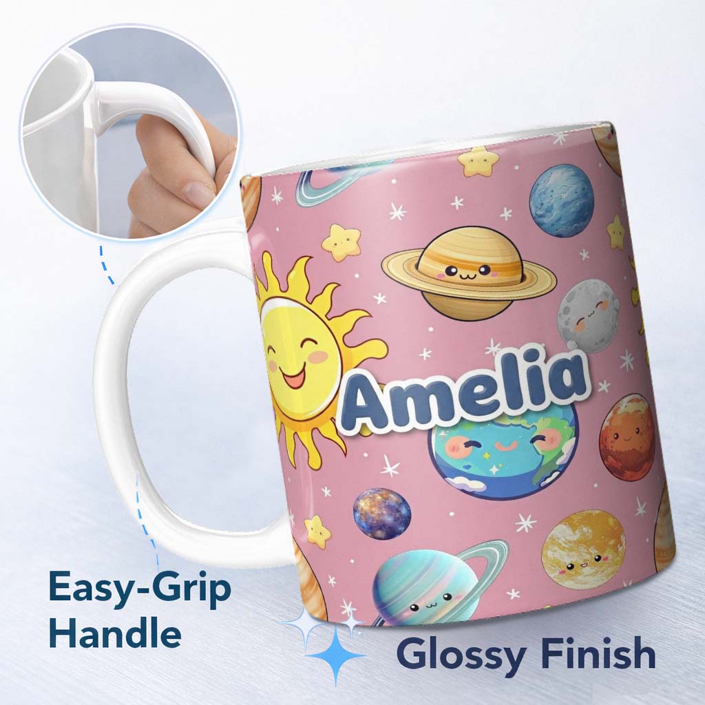 Personalized Custom Name Solar System Planets Smiling Sun Earth Saturn Seamless Pink 11oz Ceramic Coffee Tea Mug White Large Handle