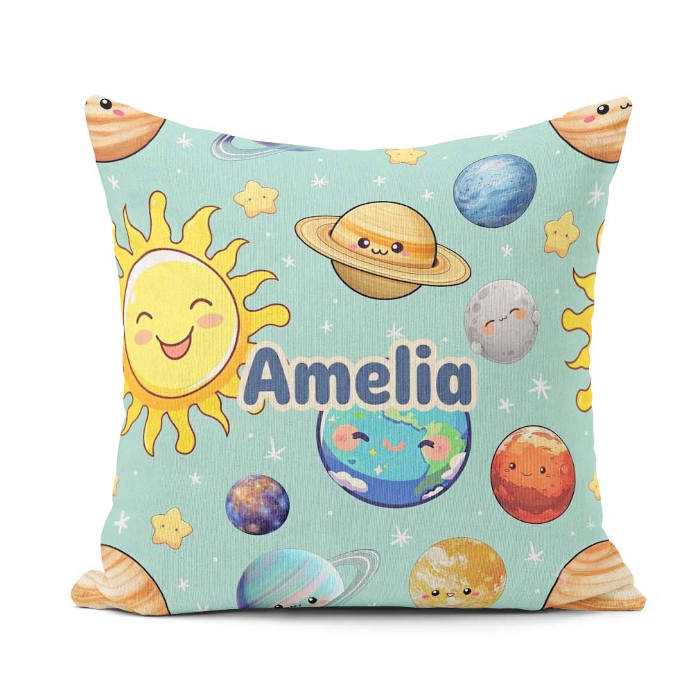 Custom Name Solar System Planets Smiling Sun Earth Seamless Mint Square Filled Cushion Throw Pillow Sofa Bed Home Decor Zip Washable UK Made