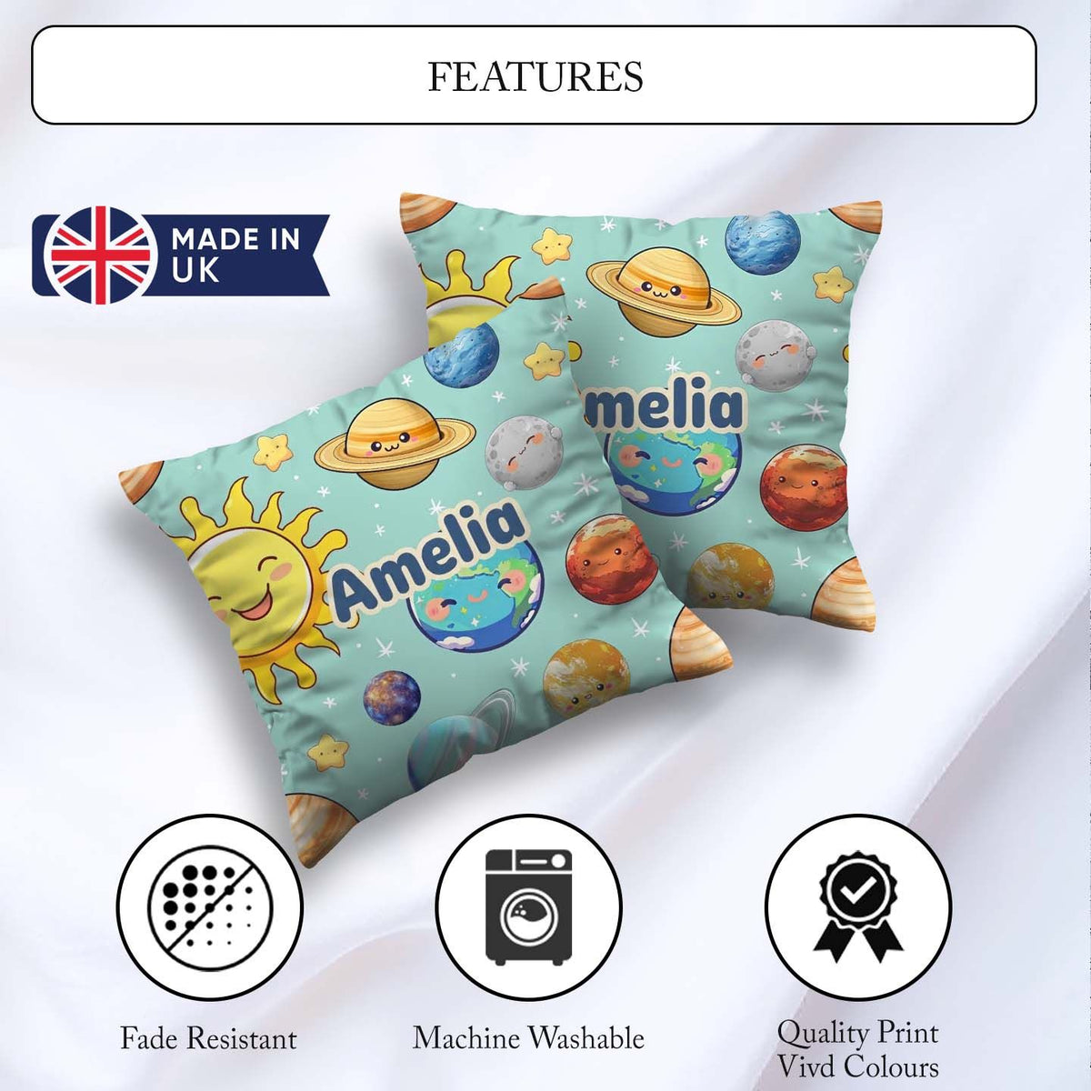 Custom Name Solar System Planets Smiling Sun Earth Seamless Mint Square Filled Cushion Throw Pillow Sofa Bed Home Decor Zip Washable UK Made