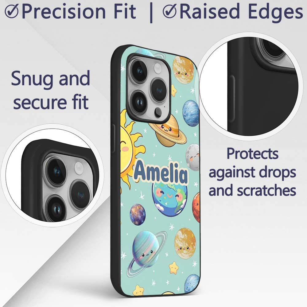 Solar System Planets Smiling Sun Earth Saturn Custom Name Protective Phone Case Mobile Cover Durable Everyday Smartphone Shock Resistant