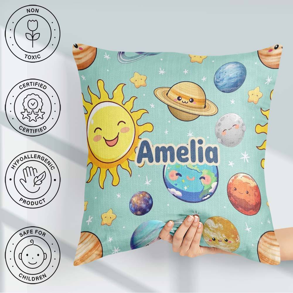 Custom Name Solar System Planets Smiling Sun Earth Seamless Mint Square Filled Cushion Throw Pillow Sofa Bed Home Decor Zip Washable UK Made
