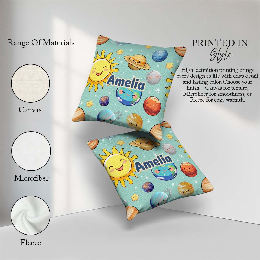 Custom Name Solar System Planets Smiling Sun Earth Seamless Mint Square Filled Cushion Throw Pillow Sofa Bed Home Decor Zip Washable UK Made