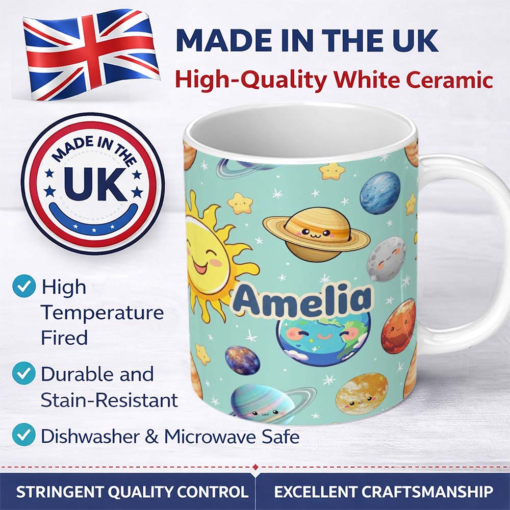 Personalized Custom Name Solar System Planets Smiling Sun Earth Saturn Seamless Mint 11oz Ceramic Coffee Tea Mug White Large Handle