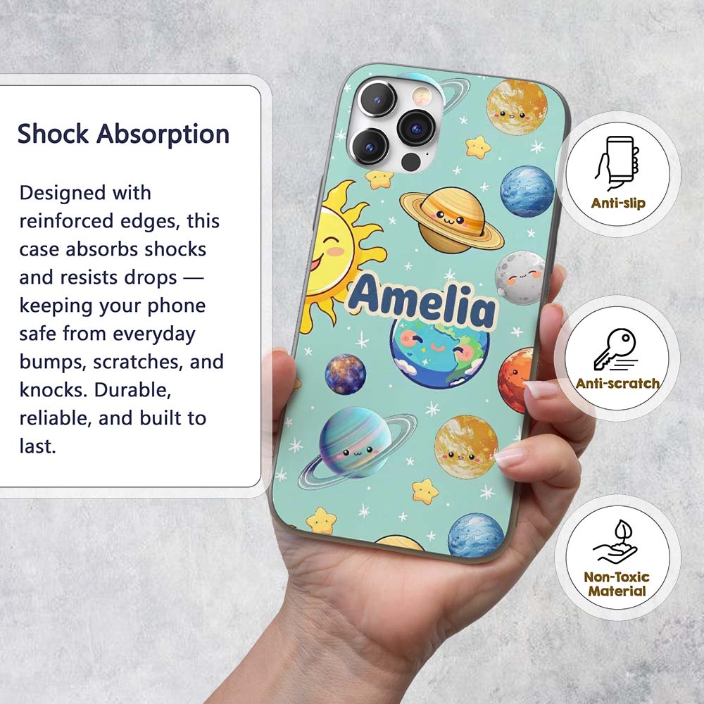 Solar System Planets Smiling Sun Earth Saturn Custom Name Protective Phone Case Mobile Cover Durable Everyday Smartphone Shock Resistant