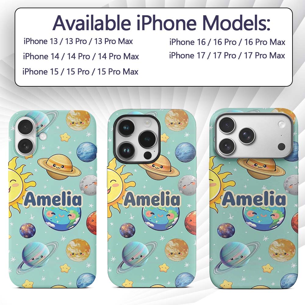 Solar System Planets Smiling Sun Earth Saturn Custom Name Protective Phone Case Mobile Cover Durable Everyday Smartphone Shock Resistant