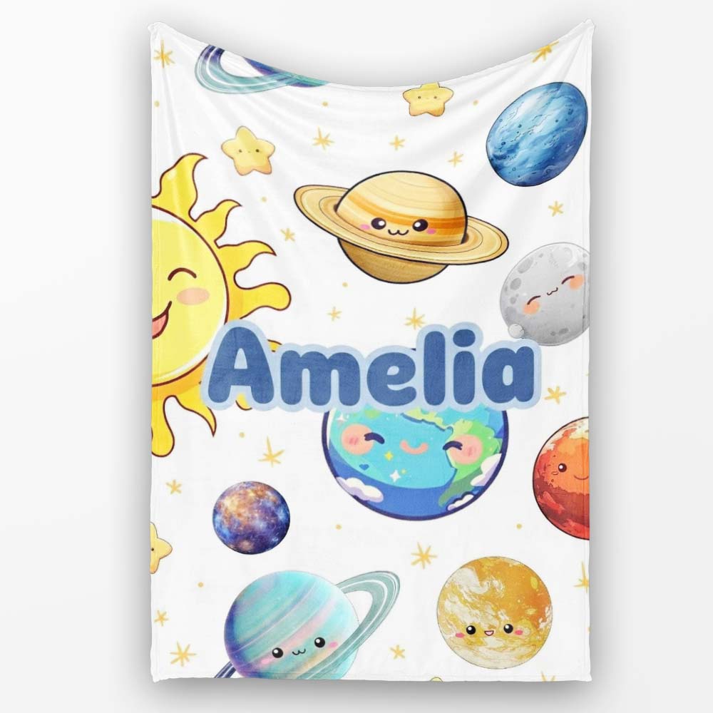 Solar System Planets Smiling Sun Earth Saturn Seamless White Personalised Custom Name Super Soft Fleece Blanket Bed Sofa Throw