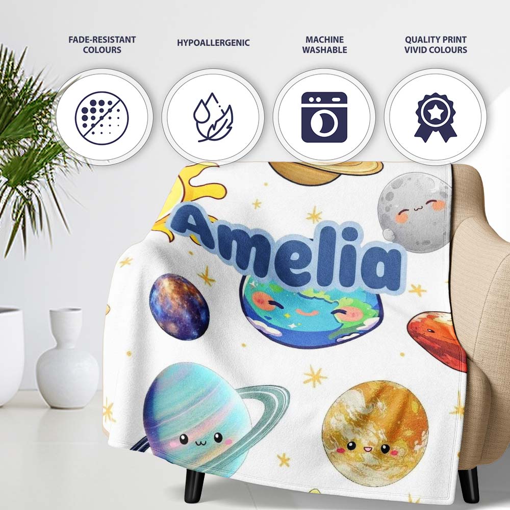 Solar System Planets Smiling Sun Earth Saturn Seamless White Personalised Custom Name Super Soft Fleece Blanket Bed Sofa Throw
