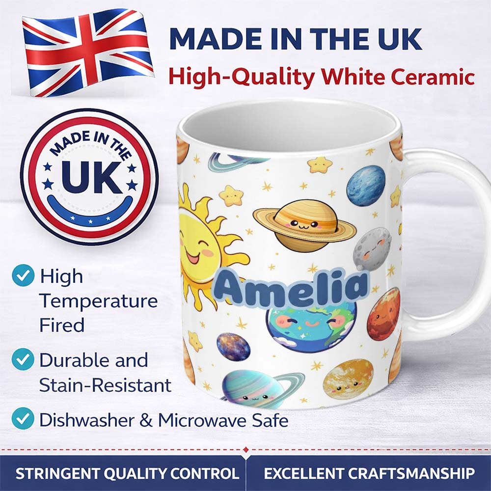 Personalized Custom Name Solar System Planets Smiling Sun Earth Saturn Seamless White 11oz Ceramic Coffee Tea Mug White Large Handle